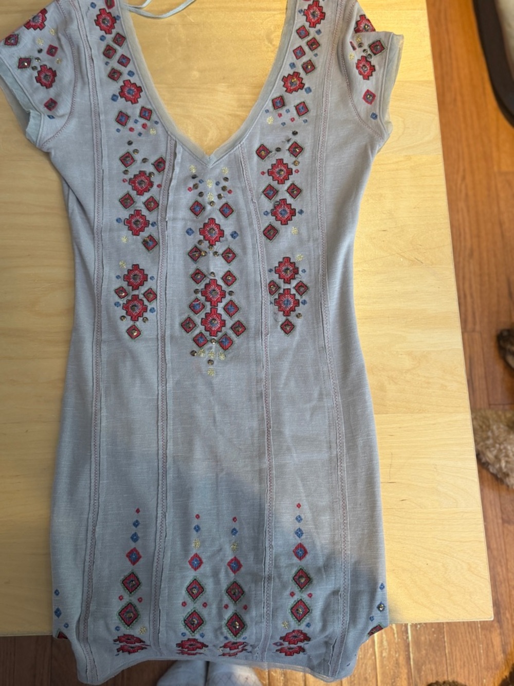 Free People Light Gray Knit Mini Dress with Red & Blue Embroidery